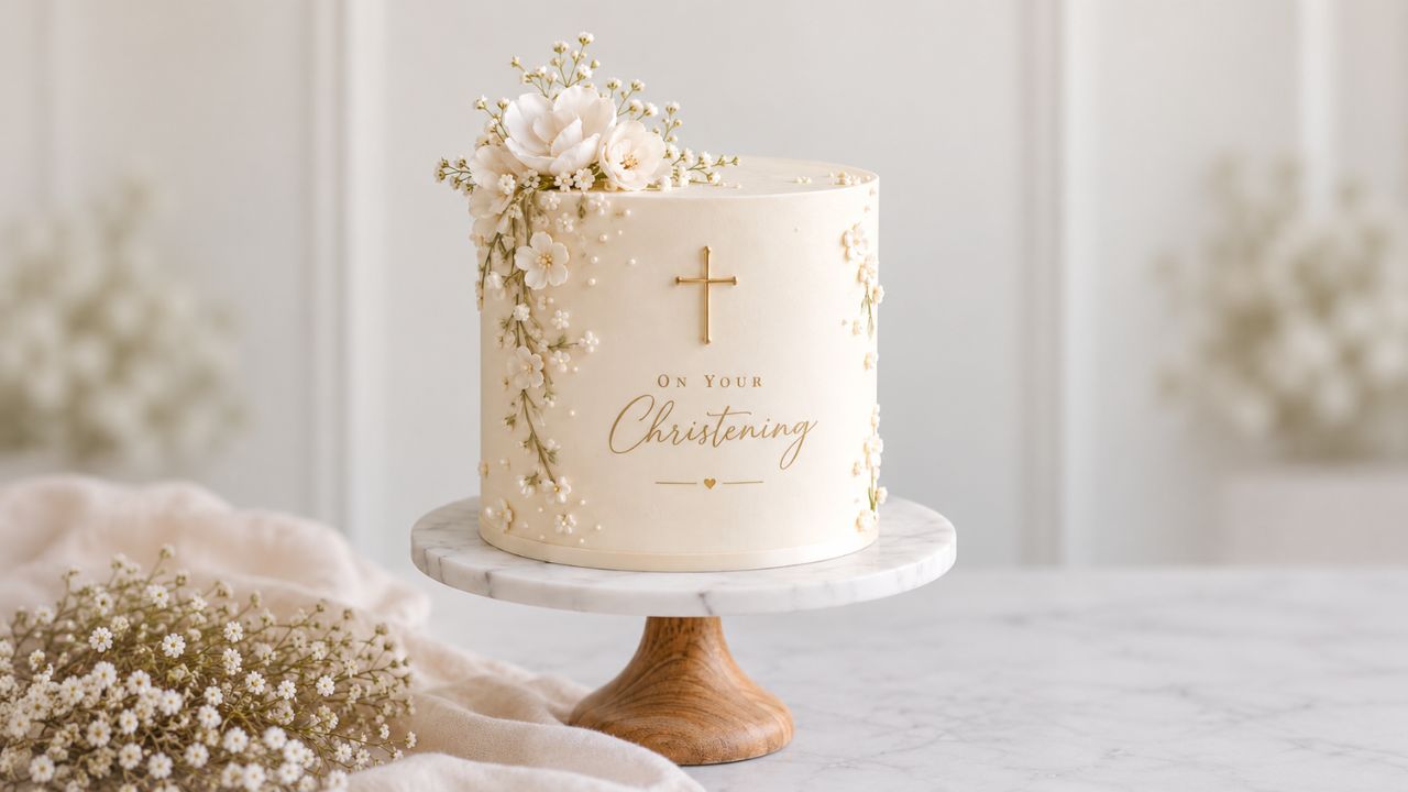 A small pale cake with piped daisies and a single candle.
