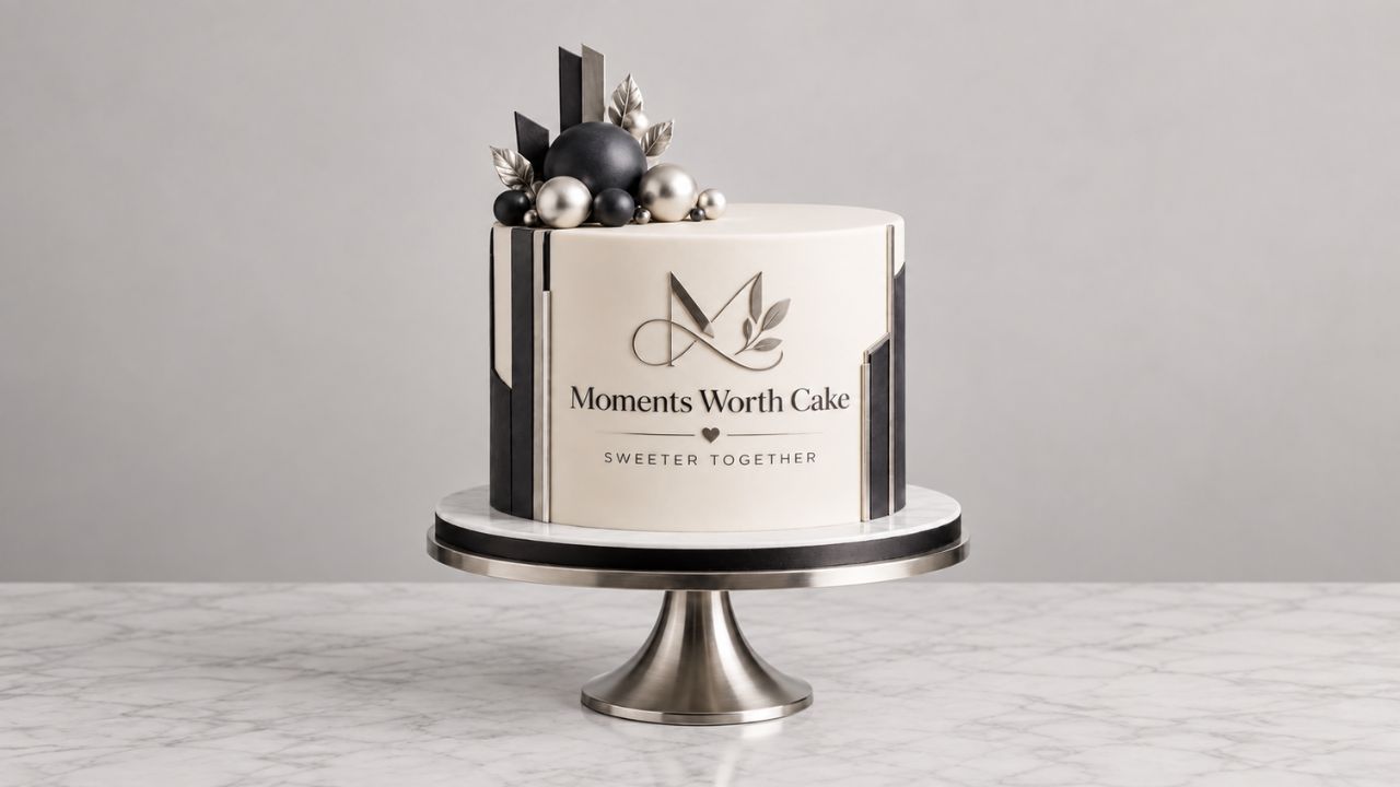 A clean modern cake photographed against a plain background.