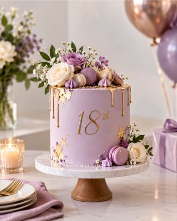 A chocolate layer cake finished with piped rosettes and a ganache drip.