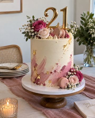 A chocolate layer cake finished with piped rosettes and a ganache drip.