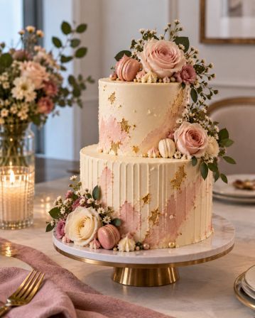 A white tiered cake dressed with deep red roses.