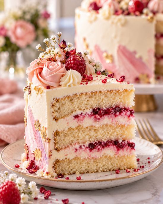 A sprinkle covered party cake with a slice cut and ready to serve.
