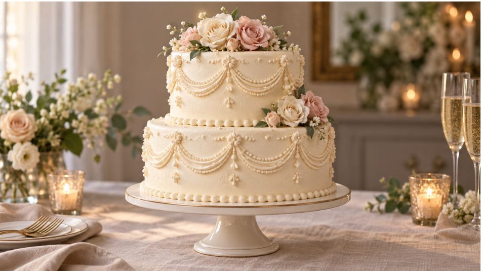 A pink drip cake topped with macarons and fine gold detail.