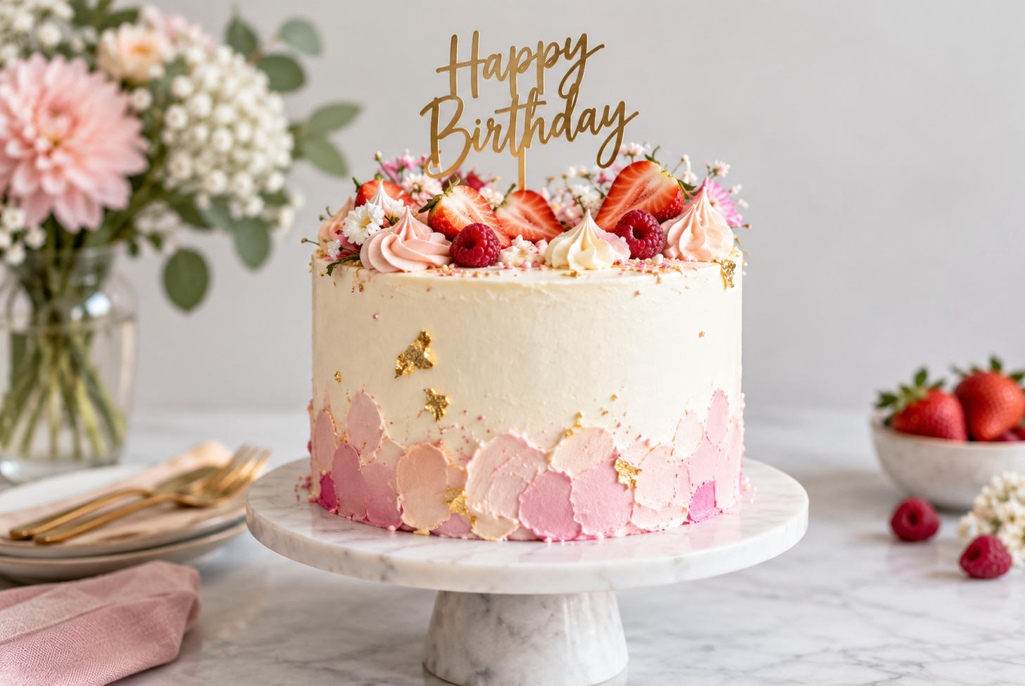 A layered chocolate cake with ganache drips and fine sugar pearls.