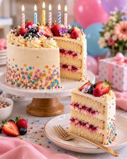 A rich layered chocolate cake with dark cherries and a glossy red glaze.