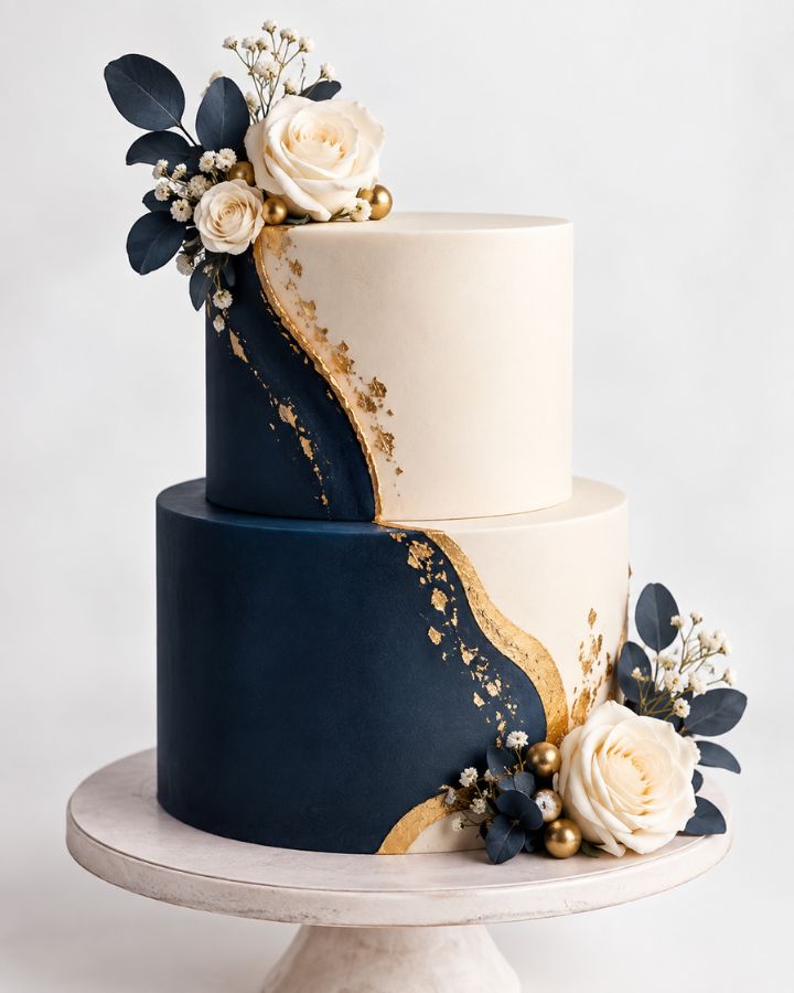 A design led green cake with rippled frosting and gold pearls.