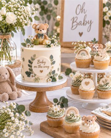 A soft pink and white baby shower cake styled with balloons.