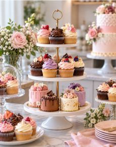 Assorted pastries arranged on a tiered glass stand.