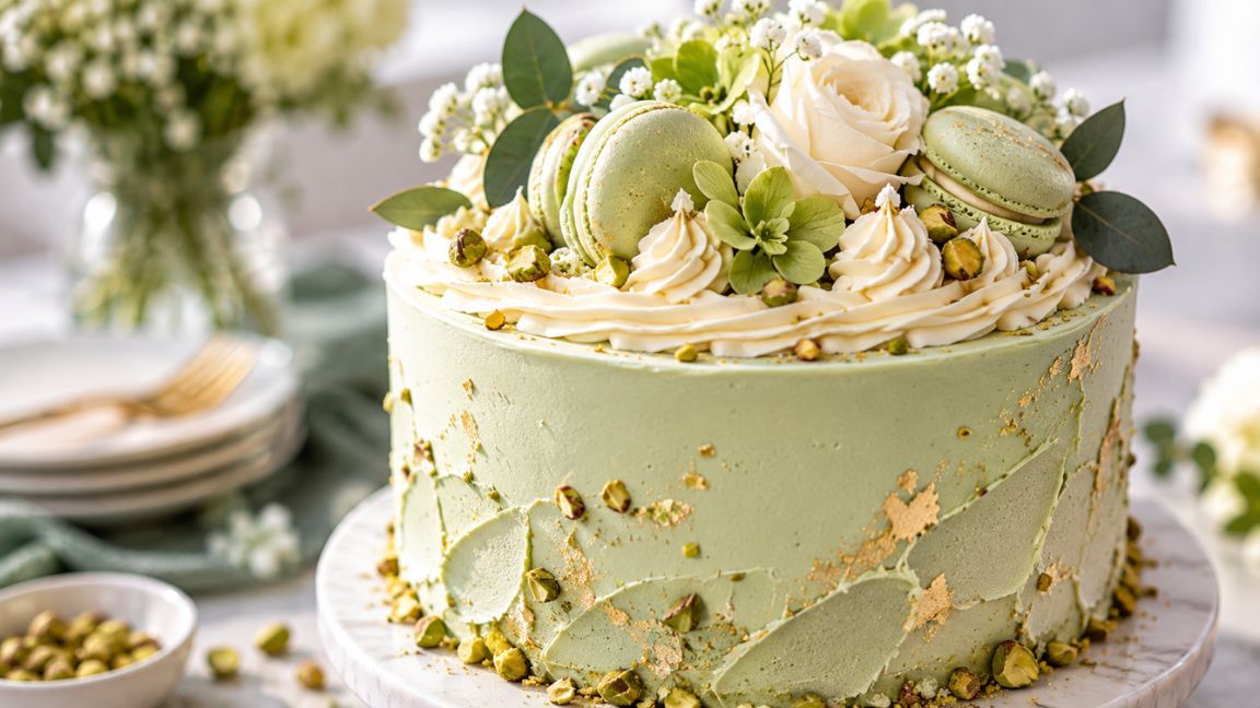 A design led green cake with rippled frosting and gold pearls.