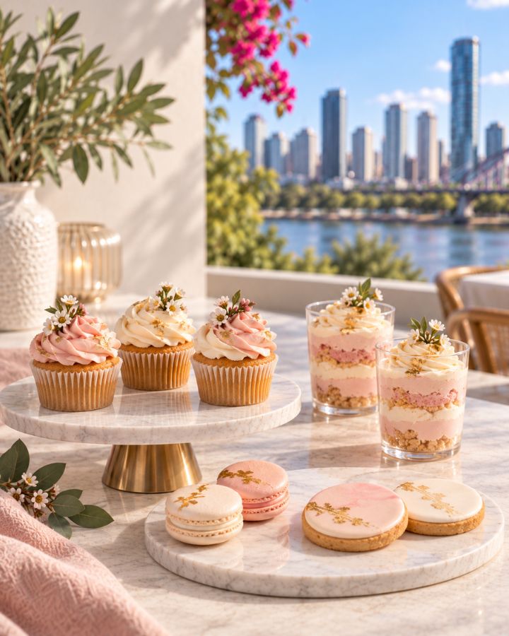 A spread of macarons in soft pastel colours.