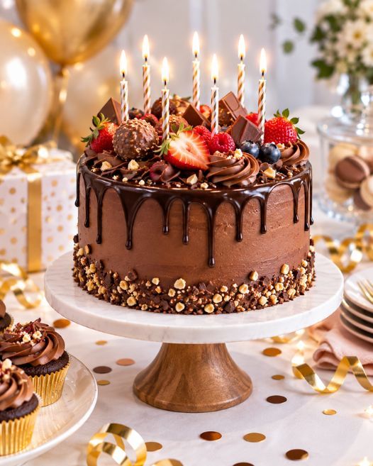 A hand lighting the candles on a berry topped celebration cake.