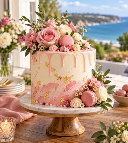 A white tiered cake on a dark pedestal stand, photographed outdoors.