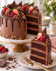 A cut slice of layered cake plated and ready to serve.