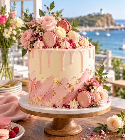 A semi naked tiered cake finished with fresh figs, flowers and soft buttercream.