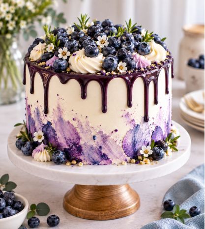 A chocolate layer cake finished with piped rosettes and a ganache drip.