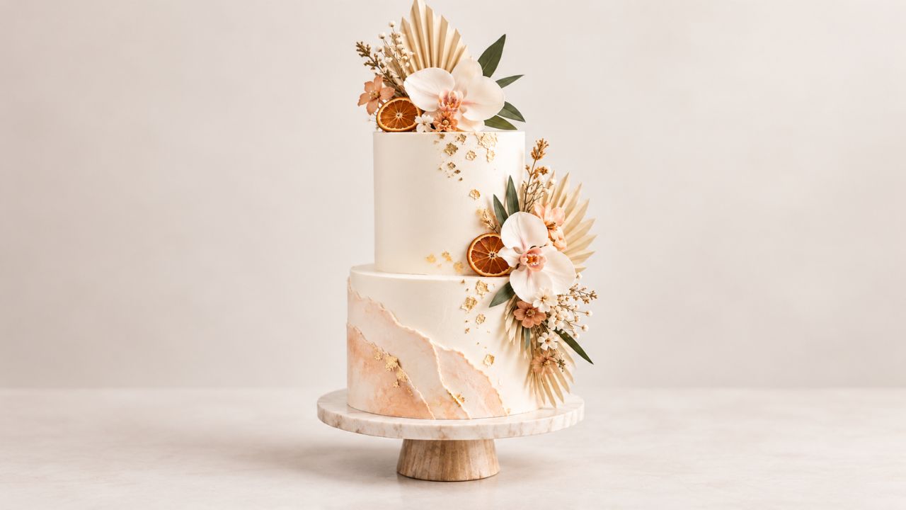 A semi naked tiered cake finished with fresh figs, flowers and soft buttercream.
