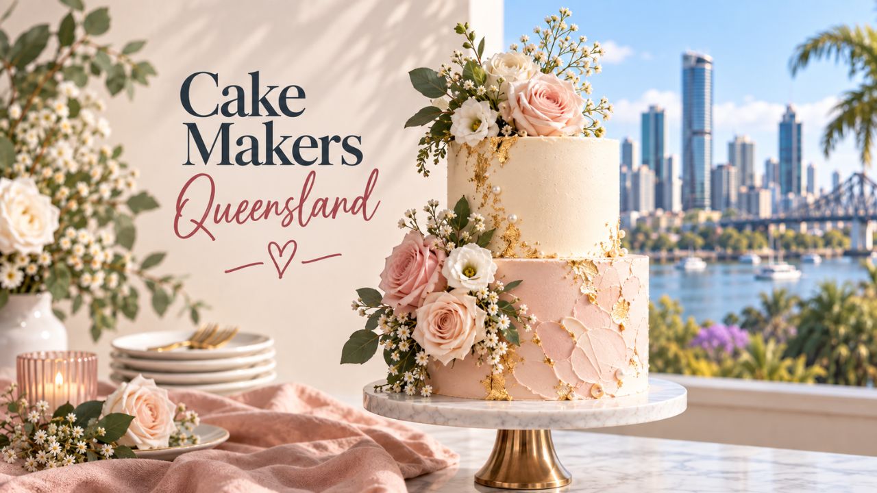 A three tier white cake finished with fresh strawberries and flowers.