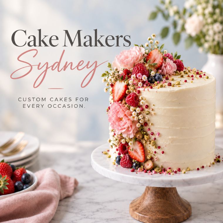 A fruit covered party cake with an ice cream cone topper and a slice cut.