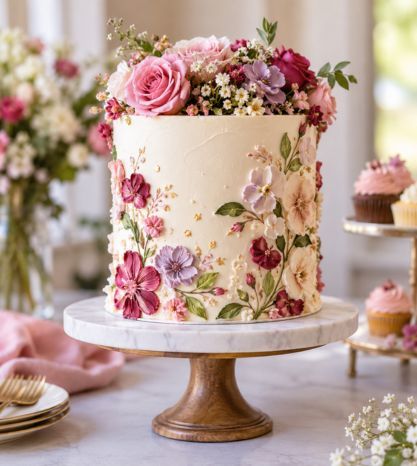 A white tiered cake dressed with deep red roses.