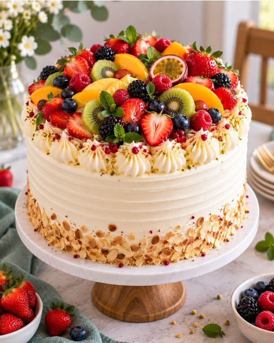 A tall tiered wedding cake with garden roses cascading down one side.