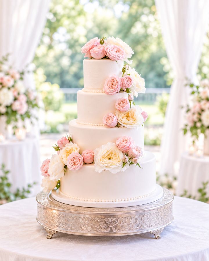 A tall tiered wedding cake with garden roses cascading down one side.