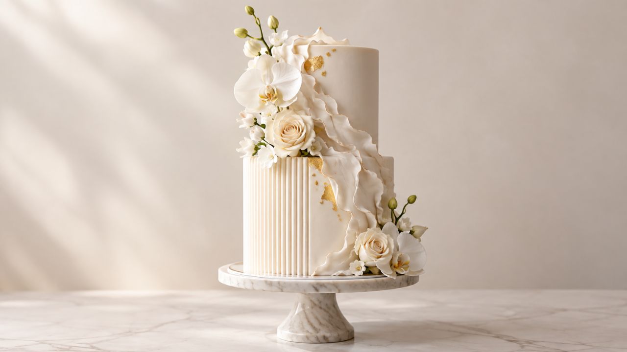 A chocolate layer cake finished with piped rosettes and a ganache drip.