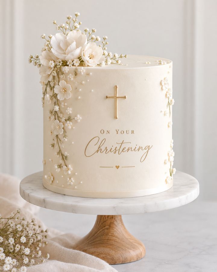 A clean single tier cake with a band of strawberries through the centre.