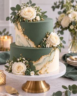A glazed modern cake finished with a fan of chocolate.