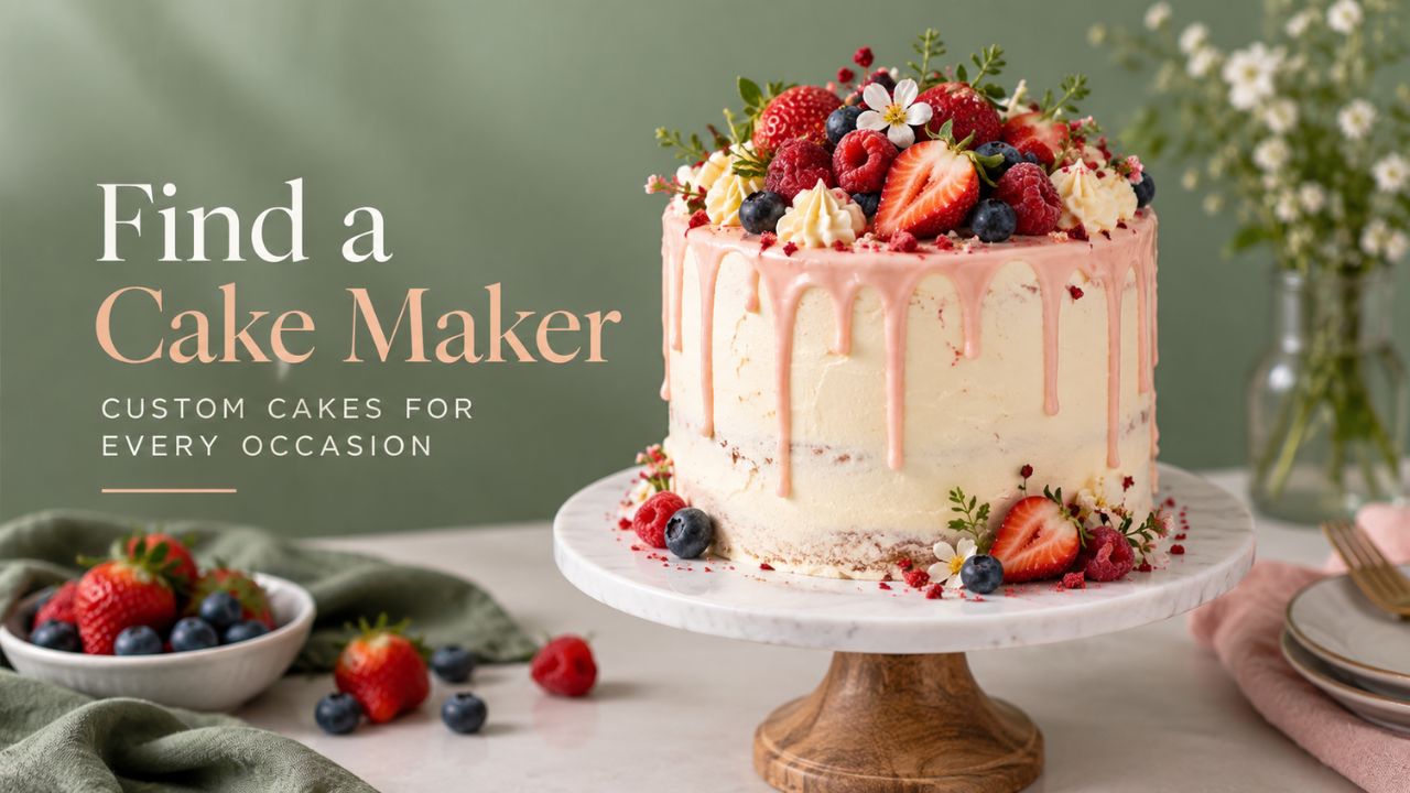 A cake decorator smoothing buttercream onto a cake on a turntable, by hand.