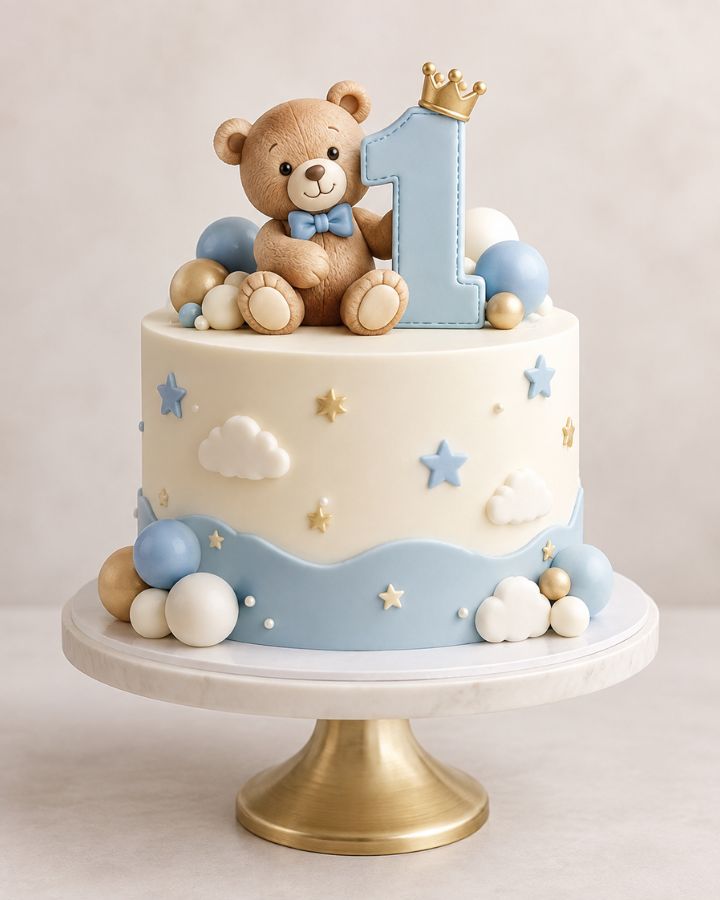 A small first birthday cake with a single lit candle.