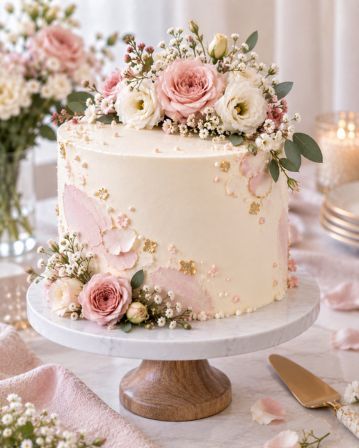 A semi naked tiered cake finished with fresh figs, flowers and soft buttercream.