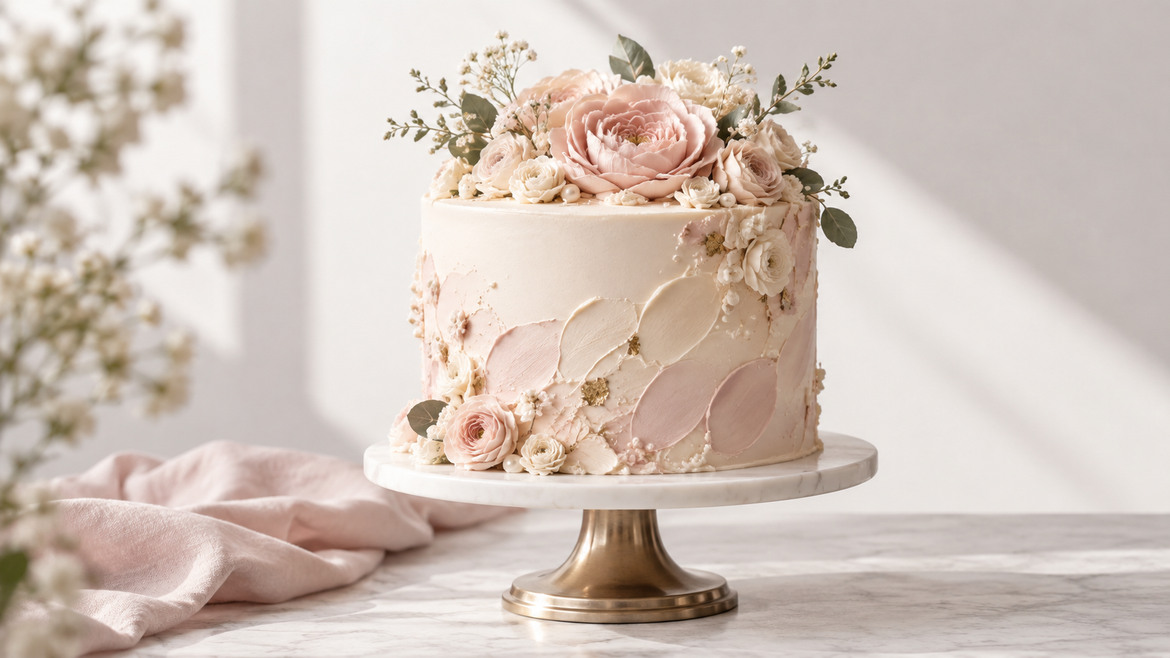 A layered chocolate cake with ganache drips and fine sugar pearls.