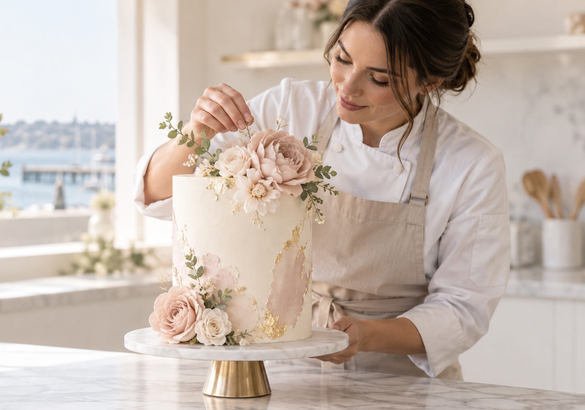 A semi naked tiered cake finished with fresh figs, flowers and soft buttercream.