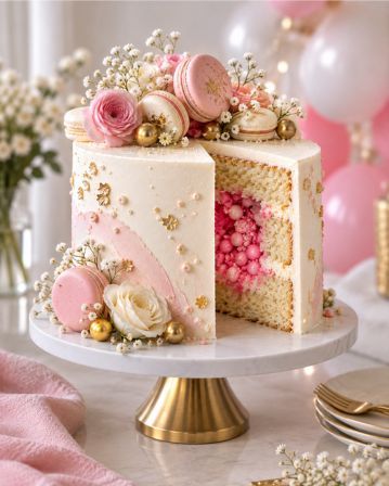 A soft pink and white baby shower cake styled with balloons.