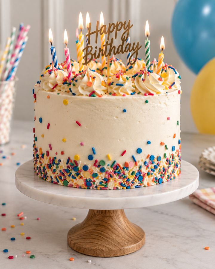 A rich layered chocolate cake with dark cherries and a glossy red glaze.