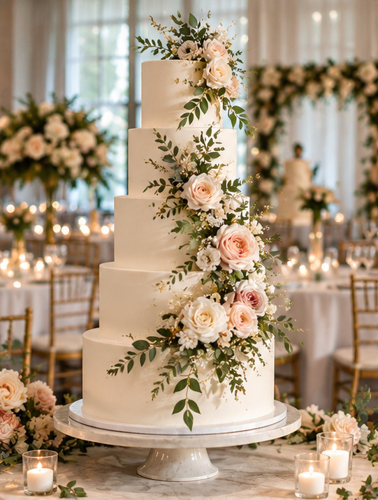 Wedding Cakes Penrith A white tiered wedding cake dressed with deep red roses.