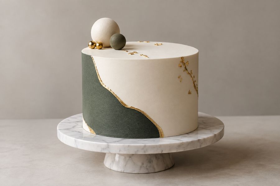 A chocolate layer cake finished with piped rosettes and a ganache drip.