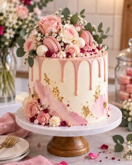 A three tier white cake finished with fresh strawberries and flowers.