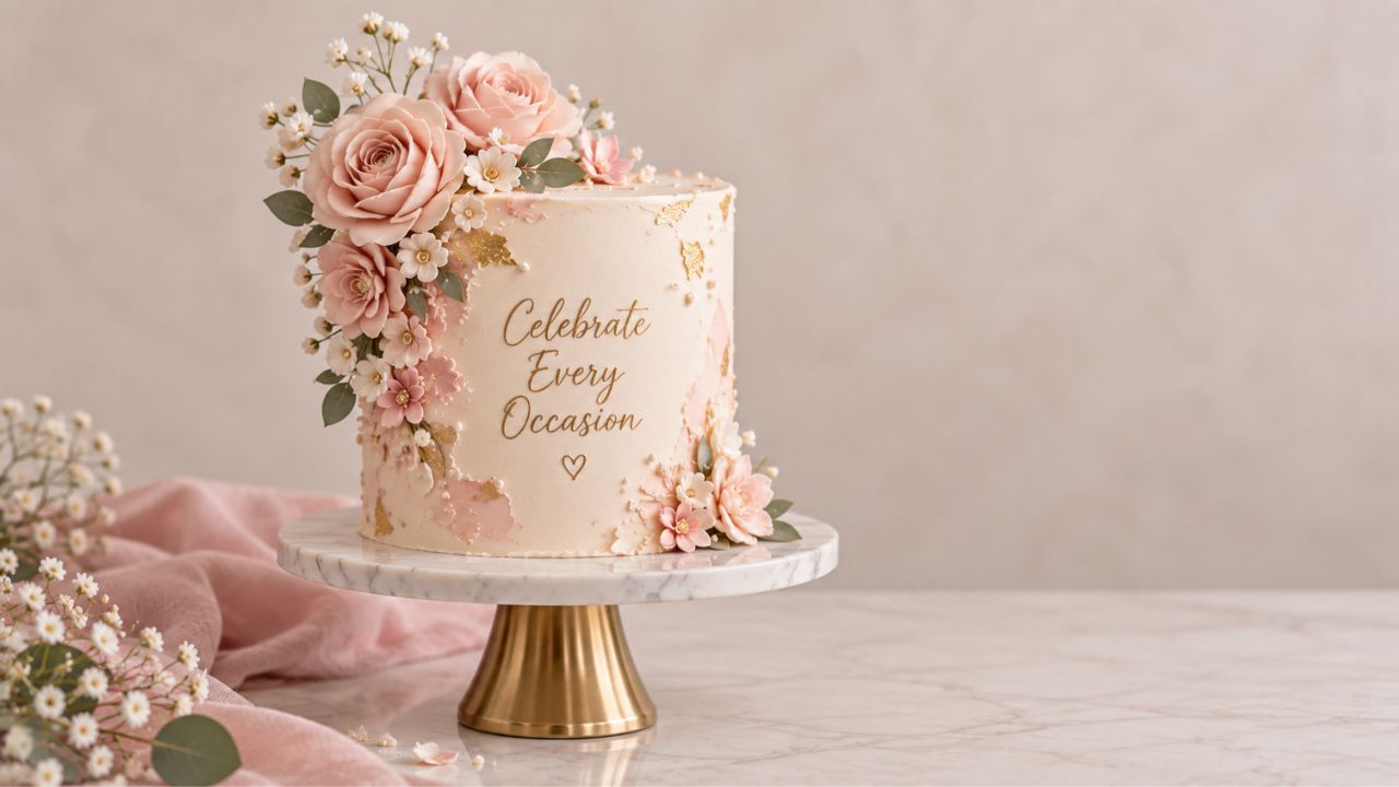 A layered chocolate cake with ganache drips and fine sugar pearls.