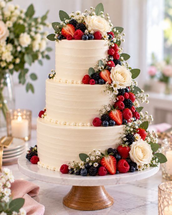 A tiered cake dressed with fresh pink flowers beside two champagne glasses.