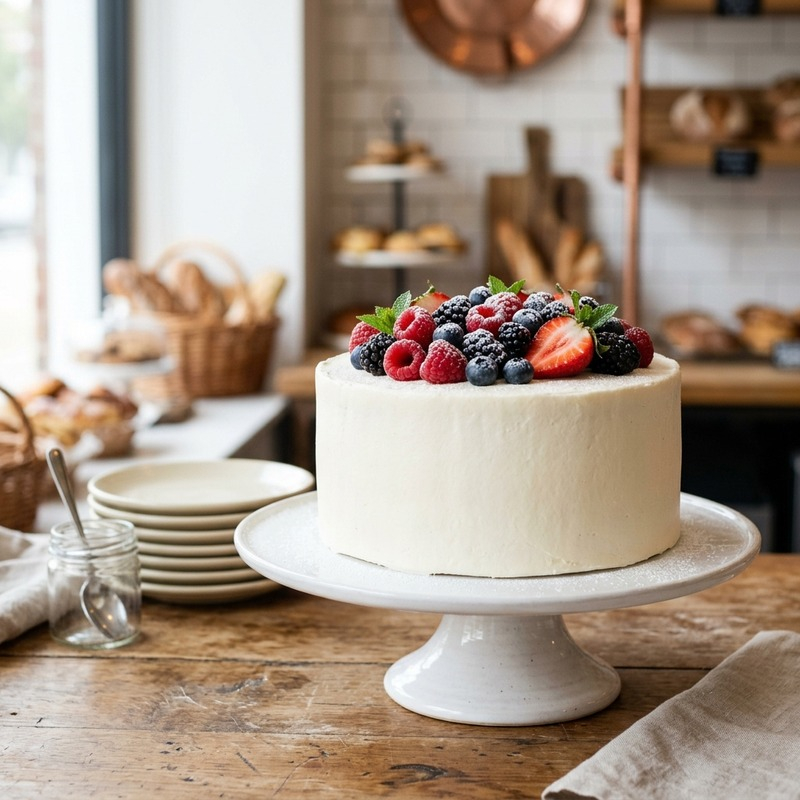 A berry topped celebration cake on a white stand in an Australian bakery kitchen.