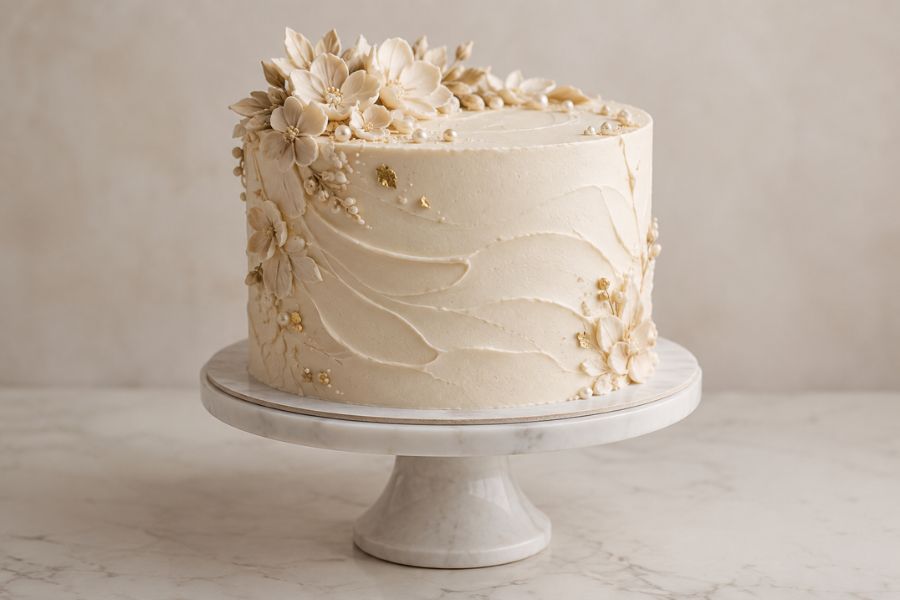 A tall white drip cake covered in chocolate buttons and sprinkles.