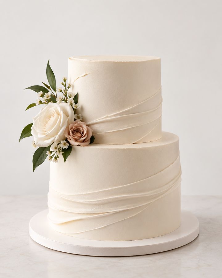 A small single tier cake finished with piped peach flowers.