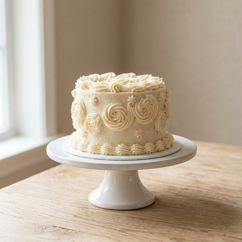 A small single tier buttercream cake with piped rosettes on a white cake stand.