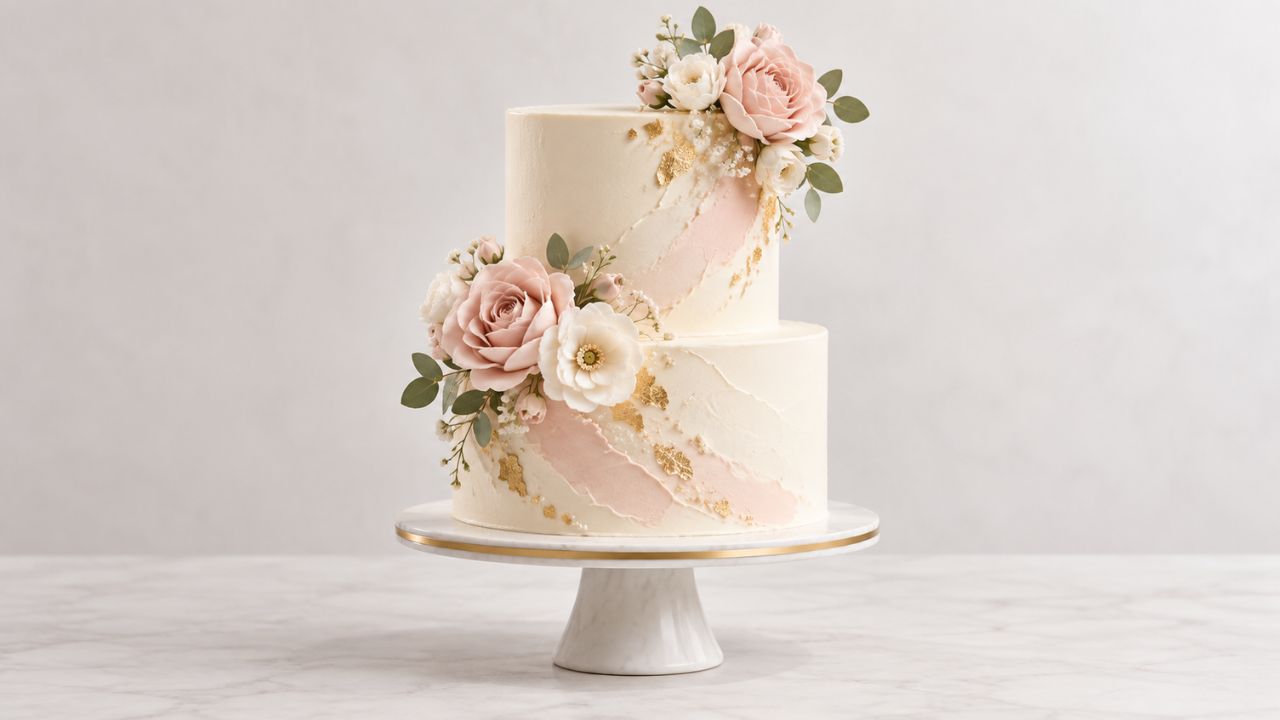 A small single tier cake finished with piped peach flowers.