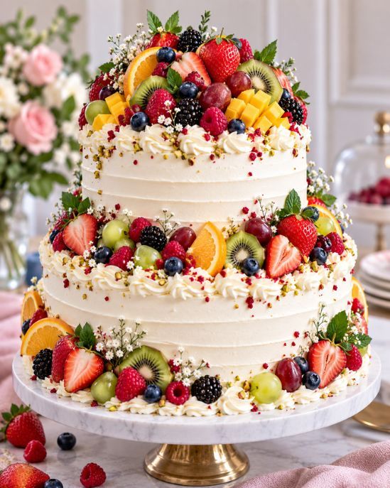 A three tier white wedding cake finished with fresh strawberries, flowers and greenery.