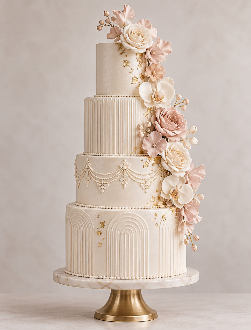 Cake makers and cake decorators, across Australia A tiered cake dressed with fresh pink flowers beside two champagne glasses.