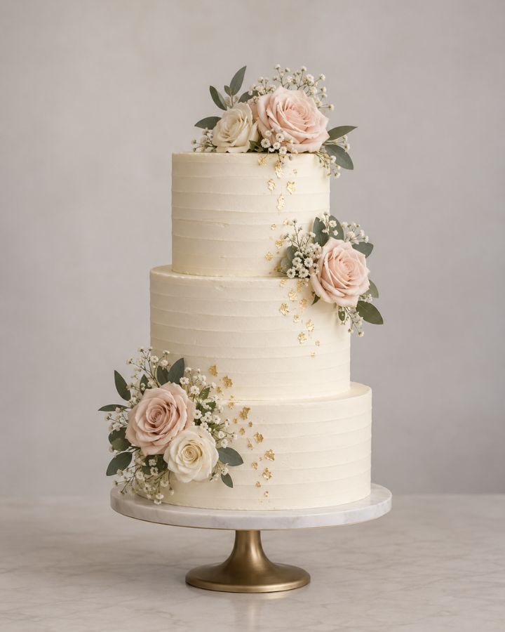 A semi naked tiered cake finished with fresh figs, flowers and soft buttercream.