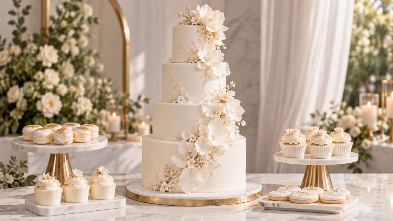 A tall tiered wedding cake with garden roses cascading down one side.