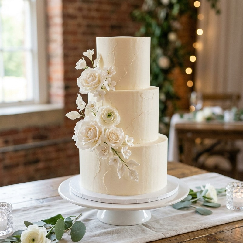 A three tier white buttercream wedding cake with a cascade of sugar roses on a cake stand.